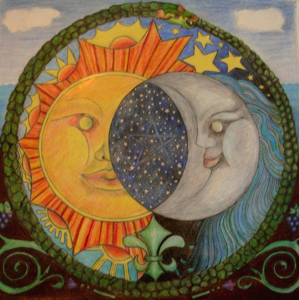 drawing of Sun Moon embracing