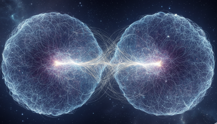 Abstract illustration of two glowing neural networks merging, symbolizing Mercury-Mercury conjunction in synastry, depicting fused minds and instant communication, in a 16:9 ratio.